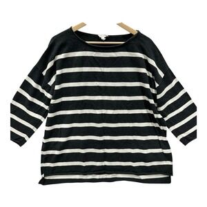 Eileen Fisher L White & Dk Gray Stripe Nautical Organic Cotton Sweater Top